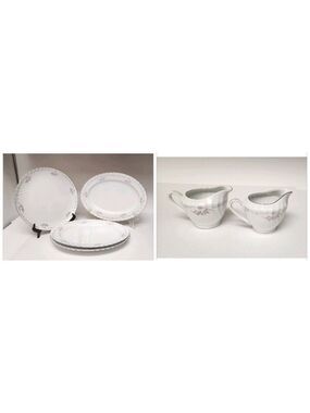 Gold Standard White Silver & Pink /1 Round & 3 Oval Serving Platter/ 2 Creamer